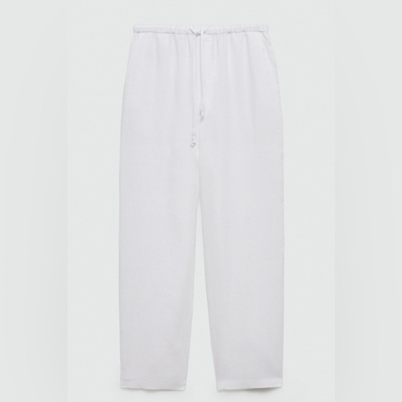 Mango 100% Linen White Drawstring Jogger Pants M Beach Resort Coastal Minimalist - Picture 1 of 9